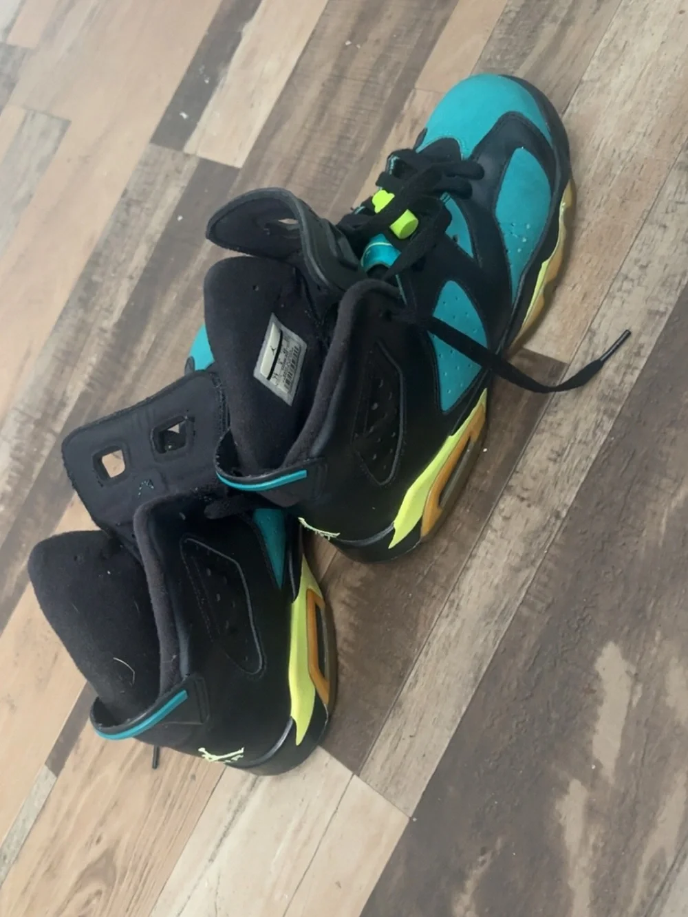 Jordan Men's Black and Teal Basketball Sneakers with Neon Yellow Accents